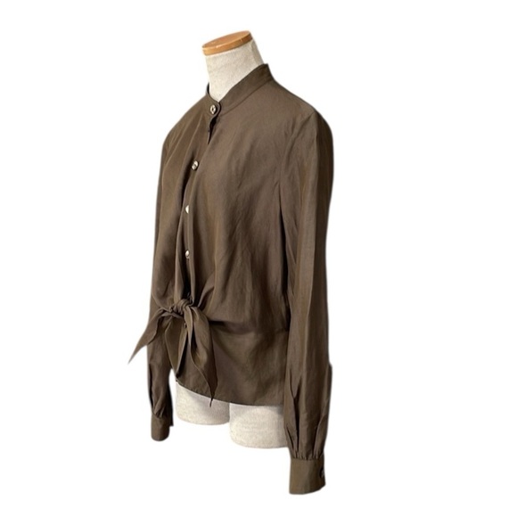 ESCADA Blouse Top Shirt Brown Linen Silk Button Front Tie Peplum Size Small - Picture 2 of 16